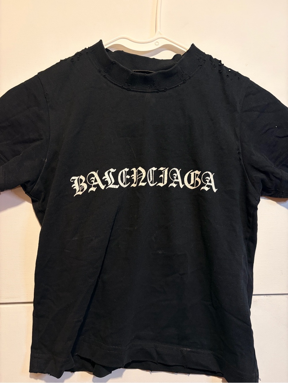 Balenciaga Black Tee with White Gothic Logo Across Chest